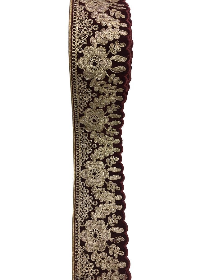 HEMDEV Surat Flower التطريز الثقيل، حواف من الدانتيل المخملي للبلوزة، الساري، كورتي، الفساتين، بانداني، لينجا، دوباتا، شريط زخرفي (عرض 7 سم) (9 متر) (كستنائي) - Image 1